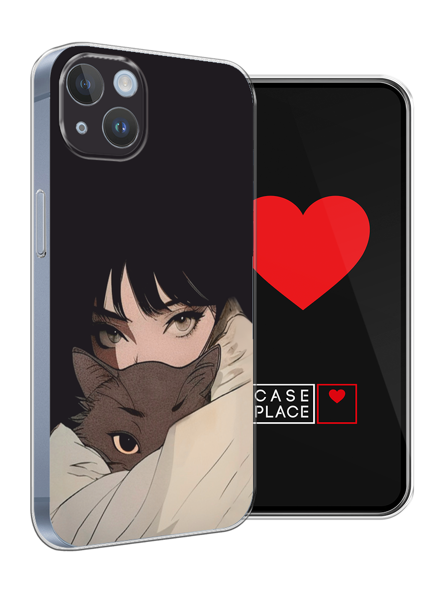 Чехол на Apple iPhone 14 Plus / Айфон 14 Плюс с принтом Аниме девушка с котиком — фото 1