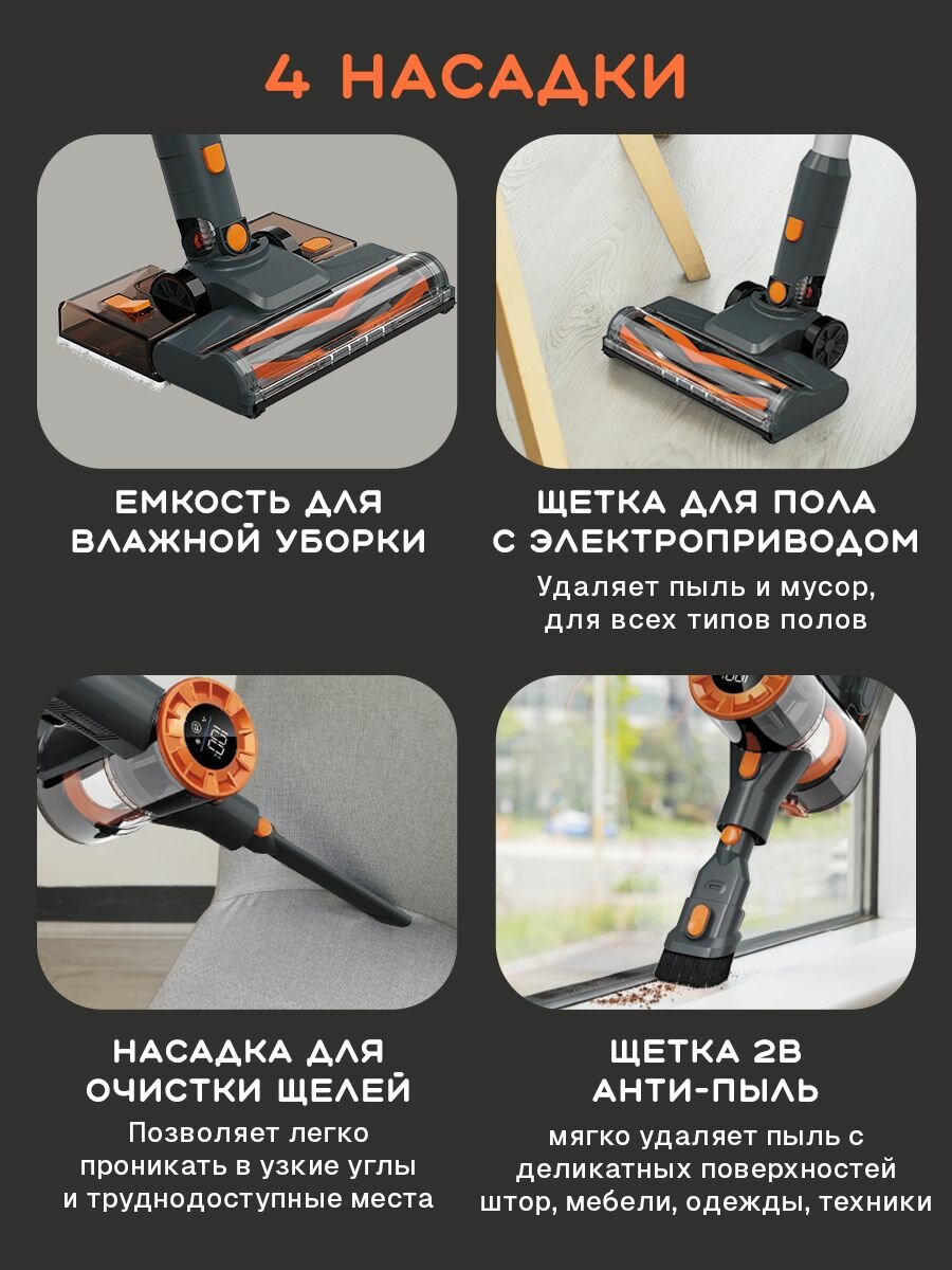 Беспроводной вертикальный пылесос для дома с сухой и влажной уборкой Hott CleanMaster Wet&Dry HT-VC01SWD мощный аккумуляторный — фото 1