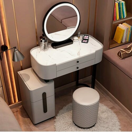 Изображение товара Компактный туалетный столик Scally с тумбой и керамической столешницей (60 см серый столик + тумба + умное зеркало + пуф)