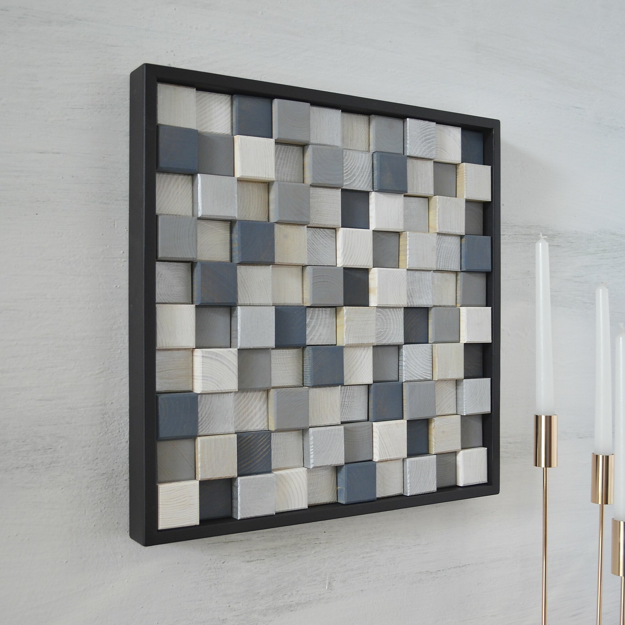 Панно-мозаика из натурального дерева в раме настенное декоративное 40 х 40 см