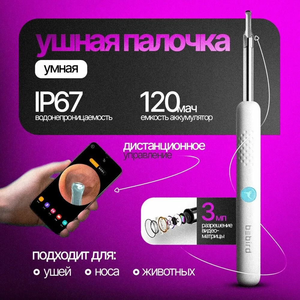 Ушные Палочки Xiaomi Умная ушная палочка Xiaomi Bebird Smart Visual Spoon Ear Stick R1, белая. Отоскоп с камерой