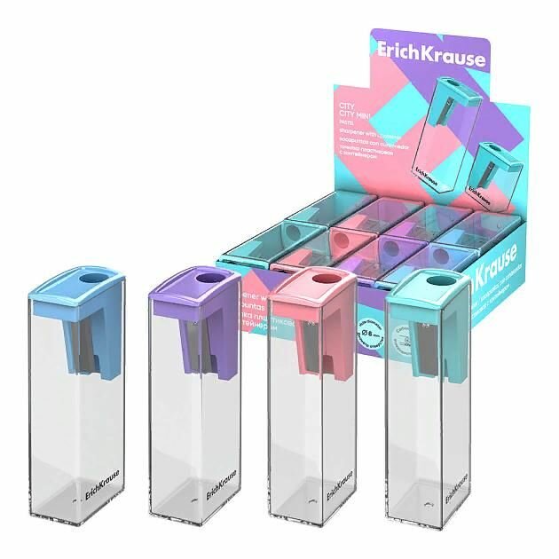 Точилка пластиковая ErichKrause City, city mini, Pastel, с контейнером, ассорти (в коробке-дисплее по 16 шт)
