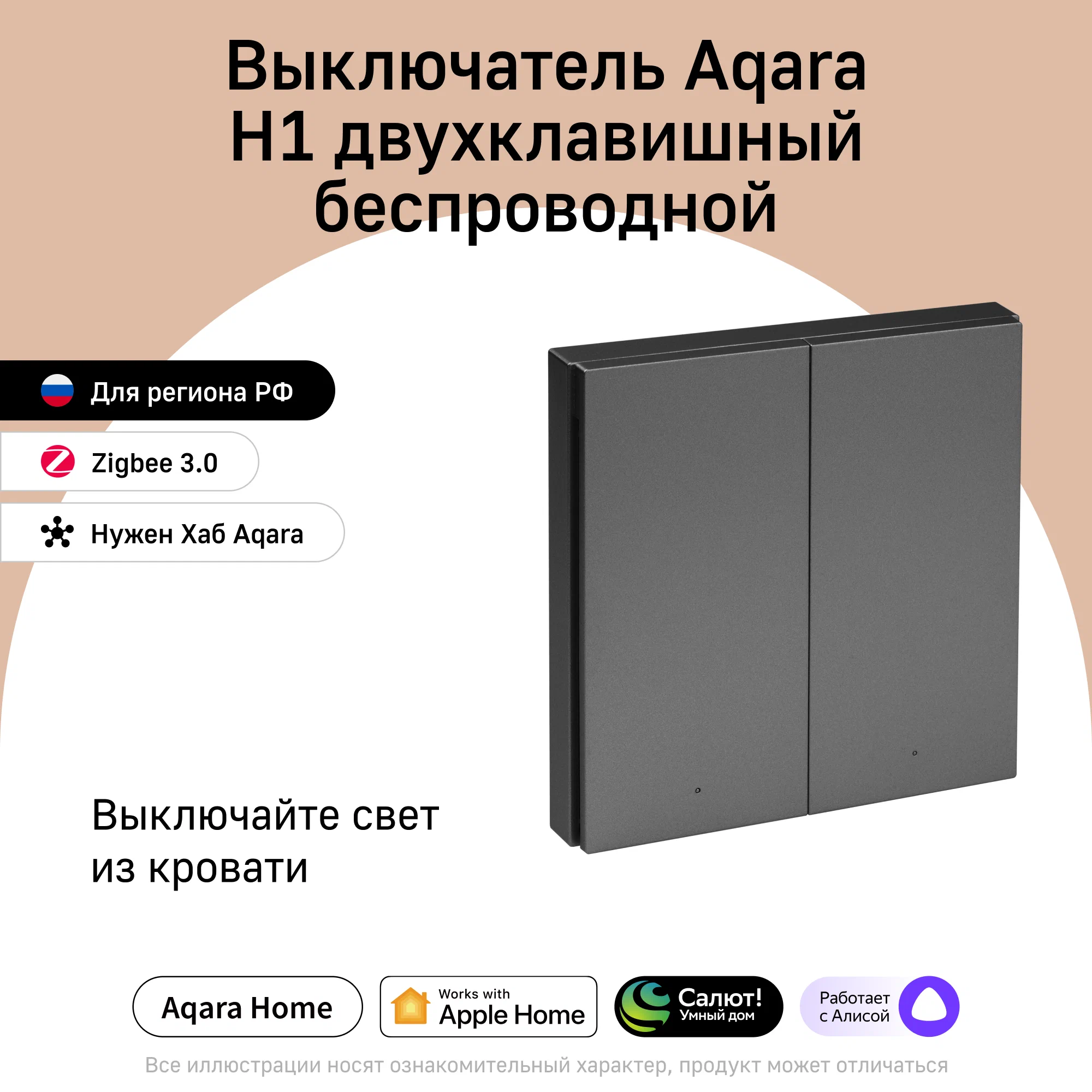 AQARA Беспроводной выключатель H1 (двуклавишный), модель WRS-R02, цвет: графит — фото 1