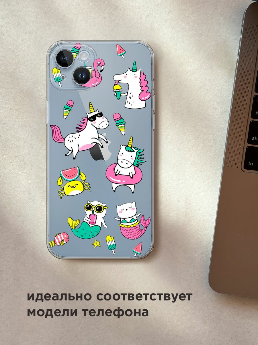 Чехол на Apple iPhone 14 Plus / Айфон 14 Плюс с принтом "Единороги в отпуске", прозрачный — фото 1