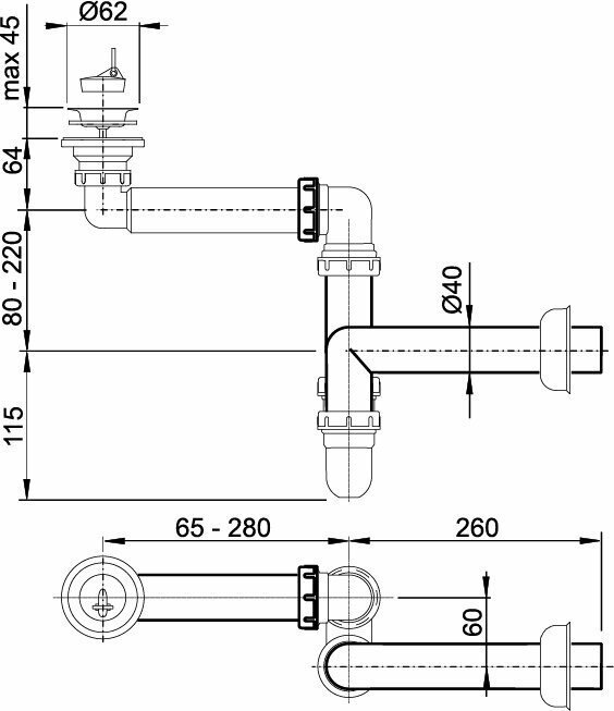 Сифон для умывальника экономящий пространство 63 A413 Alcadrain — фото 1