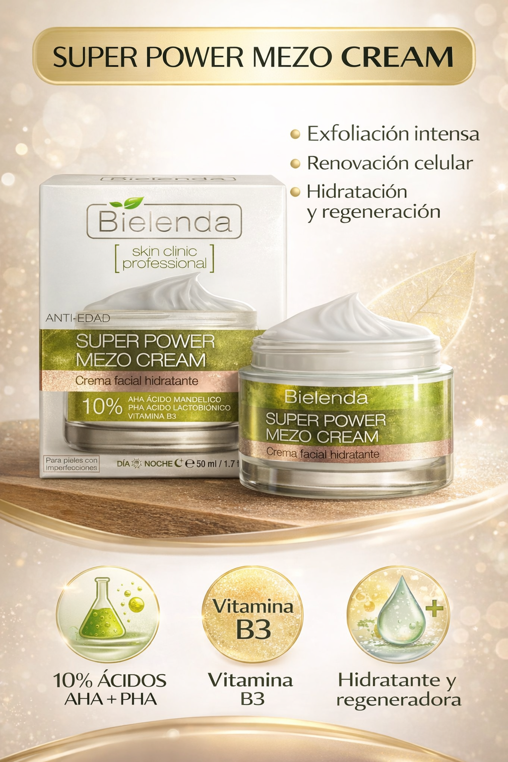 Крем антивозрастной, Bielenda "Super Power Mezo", для лица, 10% AHA и B3, 50мл