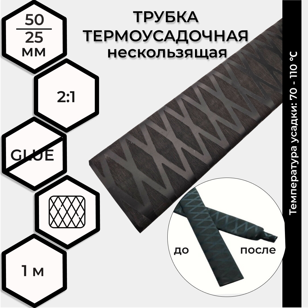 Термоусадка RUICHI диаметр 50/25мм (ширина в сложенном виде 79 мм), нескользящая, 1м, черная