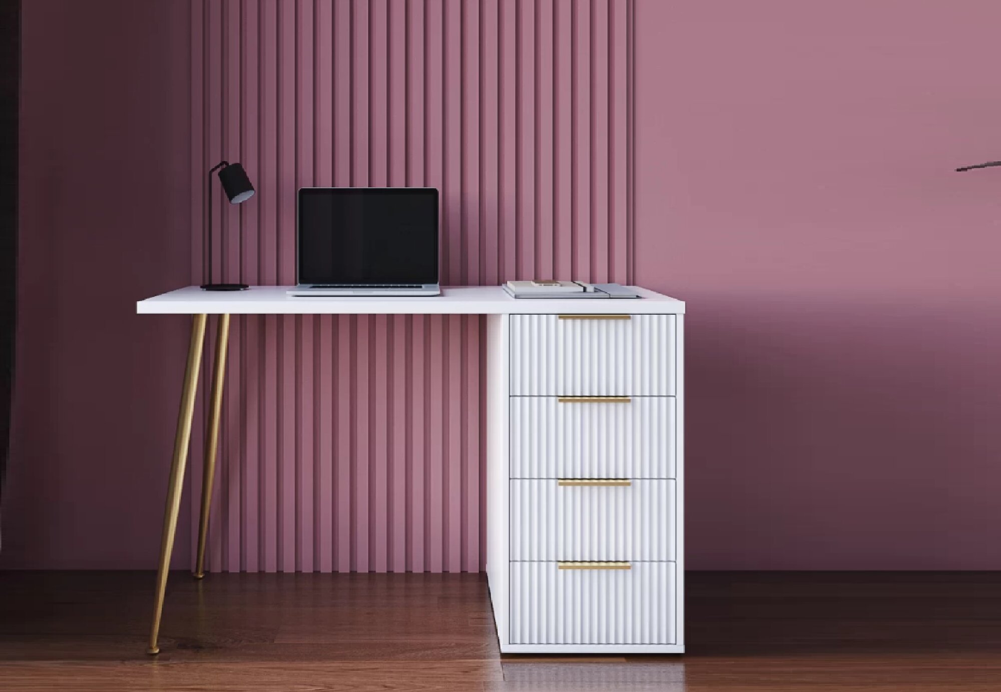 Письменный дизайнерский стол "Волна", с ящиками, с металлическими ножками в цвет золота. Для спальни, для школьника. — фото 1