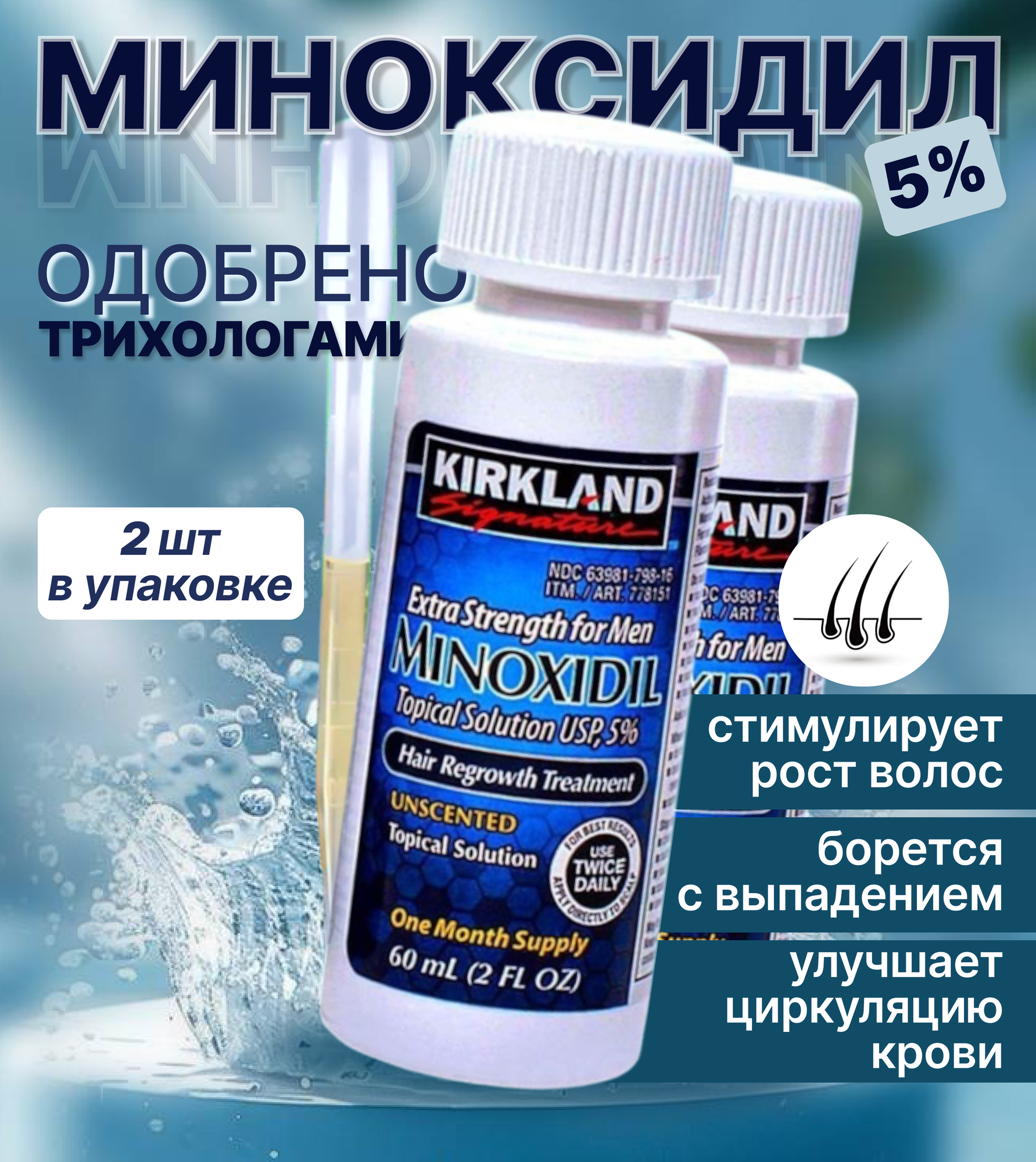 Миноксидин (Minoxidin 5%) для роста волос, для всех типов волос, активация роста, с пипеткой 2 штуки
