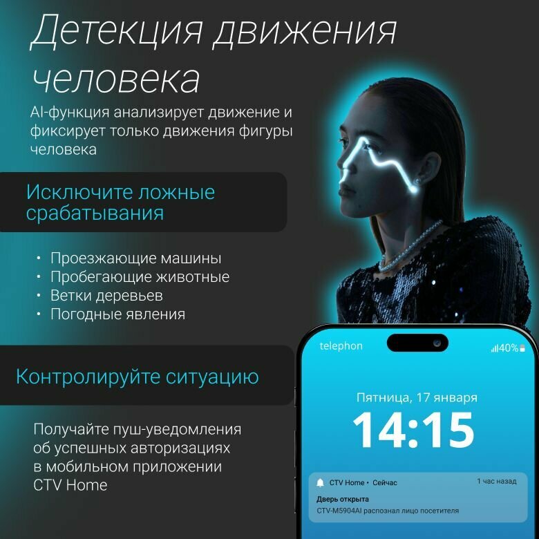 Видеодомофон для квартиры и частного дома CTV-M5109AI Image 10 с Wi-Fi и AI-распознаванием лиц, белый — фото 1