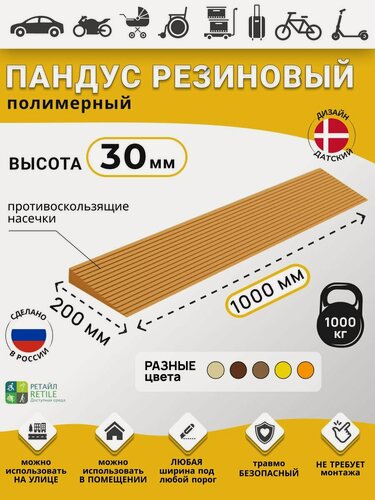 Изображение товара Пандус резиновый рубеж для порогов высотой 3 см (30х1000х200 мм), светло-коричневый, для колясок, склада и автомобилей