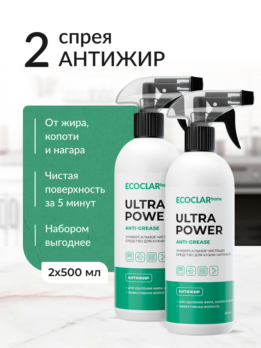 ECOCLARhome/Универсальное чистящее средство для кухни антижир 500 мл 2 шт.