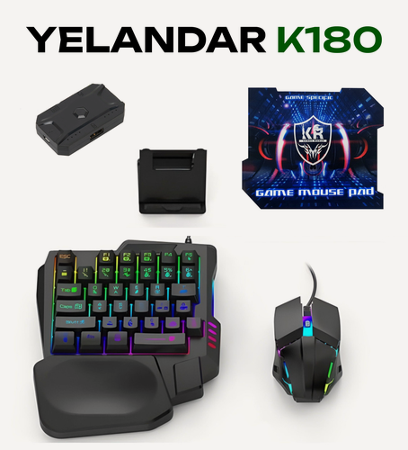 Изображение товара Игровой набор для телефона 5 в 1 YELANDAR K180 / Клавиатура + Мышка + Коврик + Конвертер для смартфона + Подставка