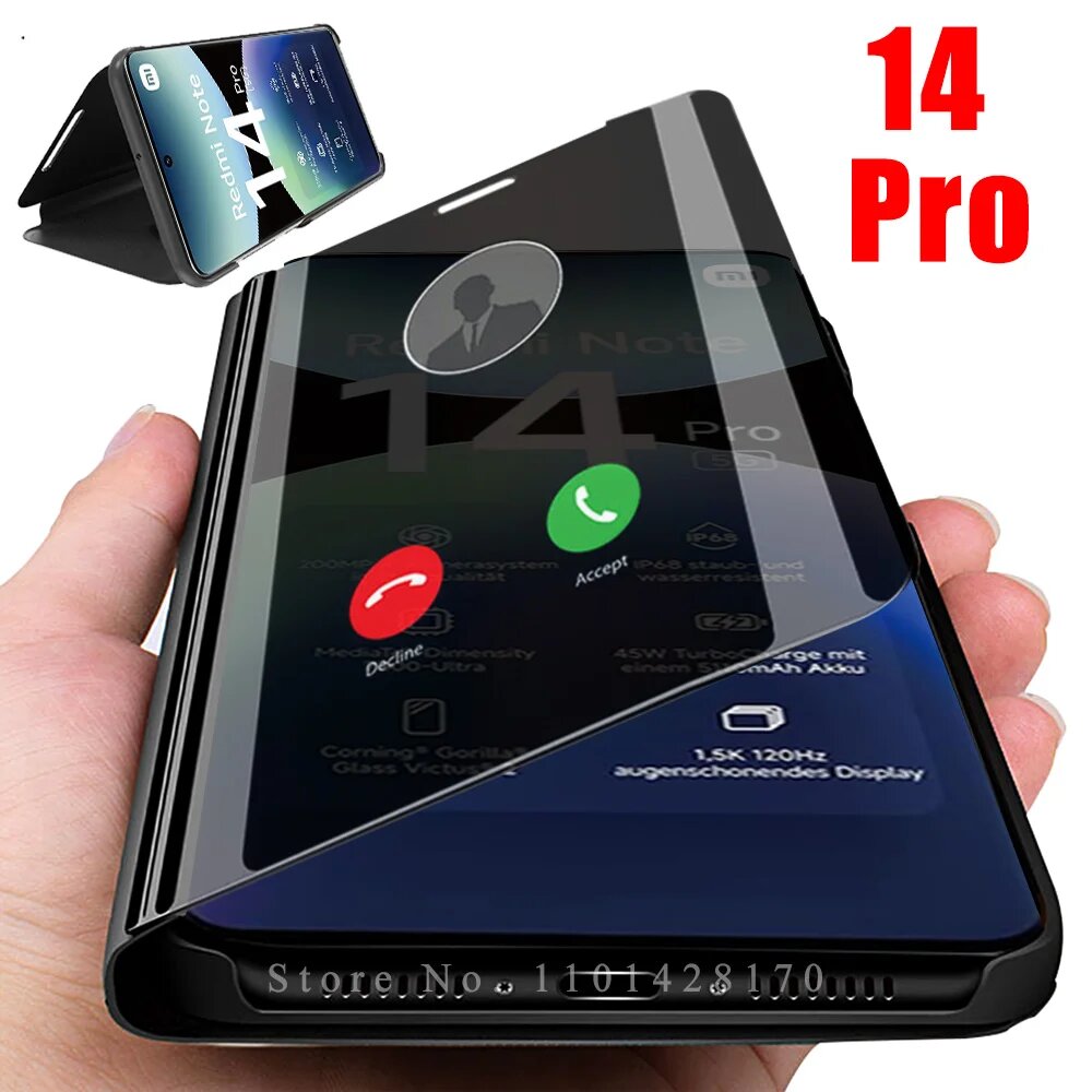 Для Redmi Note 14 Pro Plus Чехол Smart Mirror Кожаный флип-чехол Redmi Note 14 Pro + 14 Pro Note14Pro 4G 5G Магнитный чехол-подставка для книги, Black 01, RedmiNote14 ProPlus — фото 1