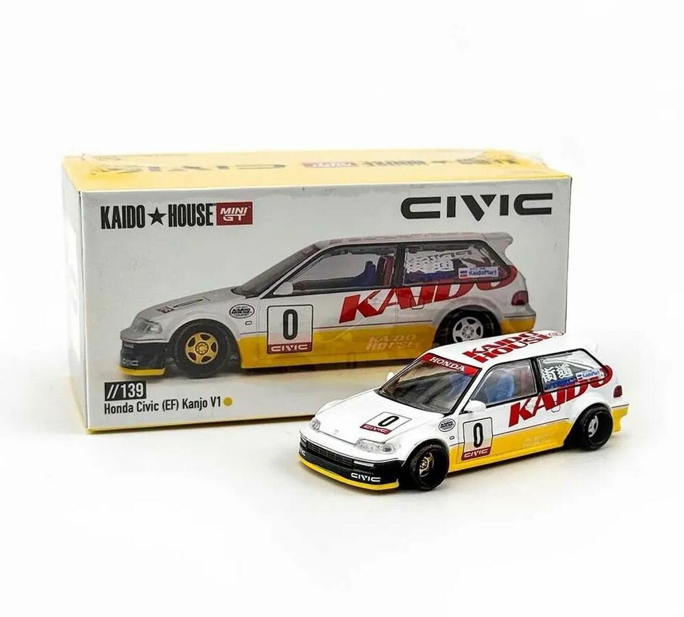 KAIDO HOUSE x Mini GT Honda Civic (EF) Kanjo V1 White/Yellow (year 2024, KHMG139) - коллекционная Premium машинка