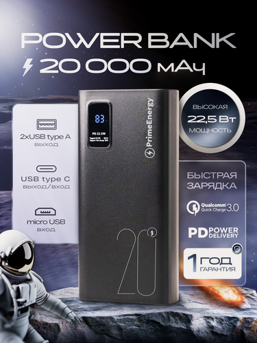 Изображение товара Повербанк (power bank) 20000mah с быстрой зарядкой, внешний аккумулятор для телефона iPhone, Xiaomi, Samsung, черный