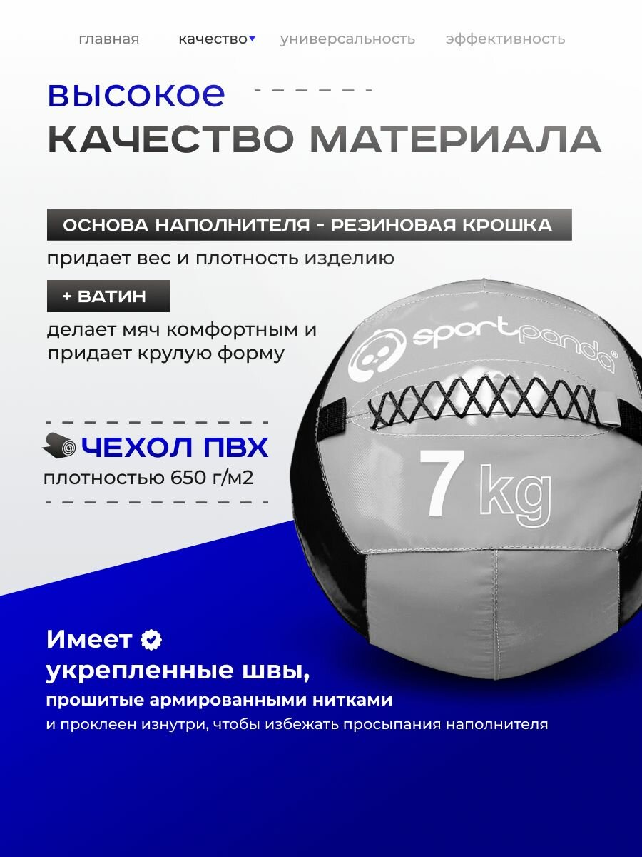 Медбол SportPanda, ПВХ, диаметр 38 см, 7 кг, армированные швы — фото 1