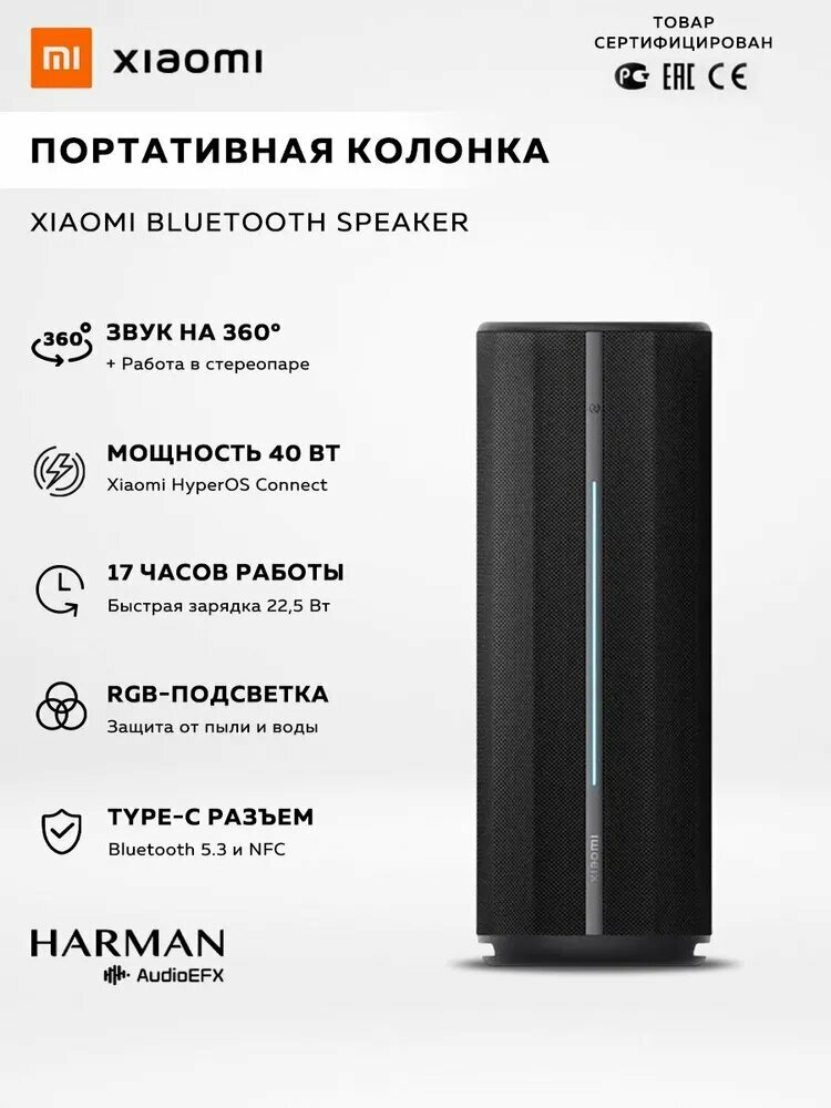 Портативная колонка Xiaomi Bluetooth Speaker QBH4275GL, 40 Вт, NFC, Bluetooth 5.3, до 17 ч автономно, IP67, с RGB-подсветкой, черная