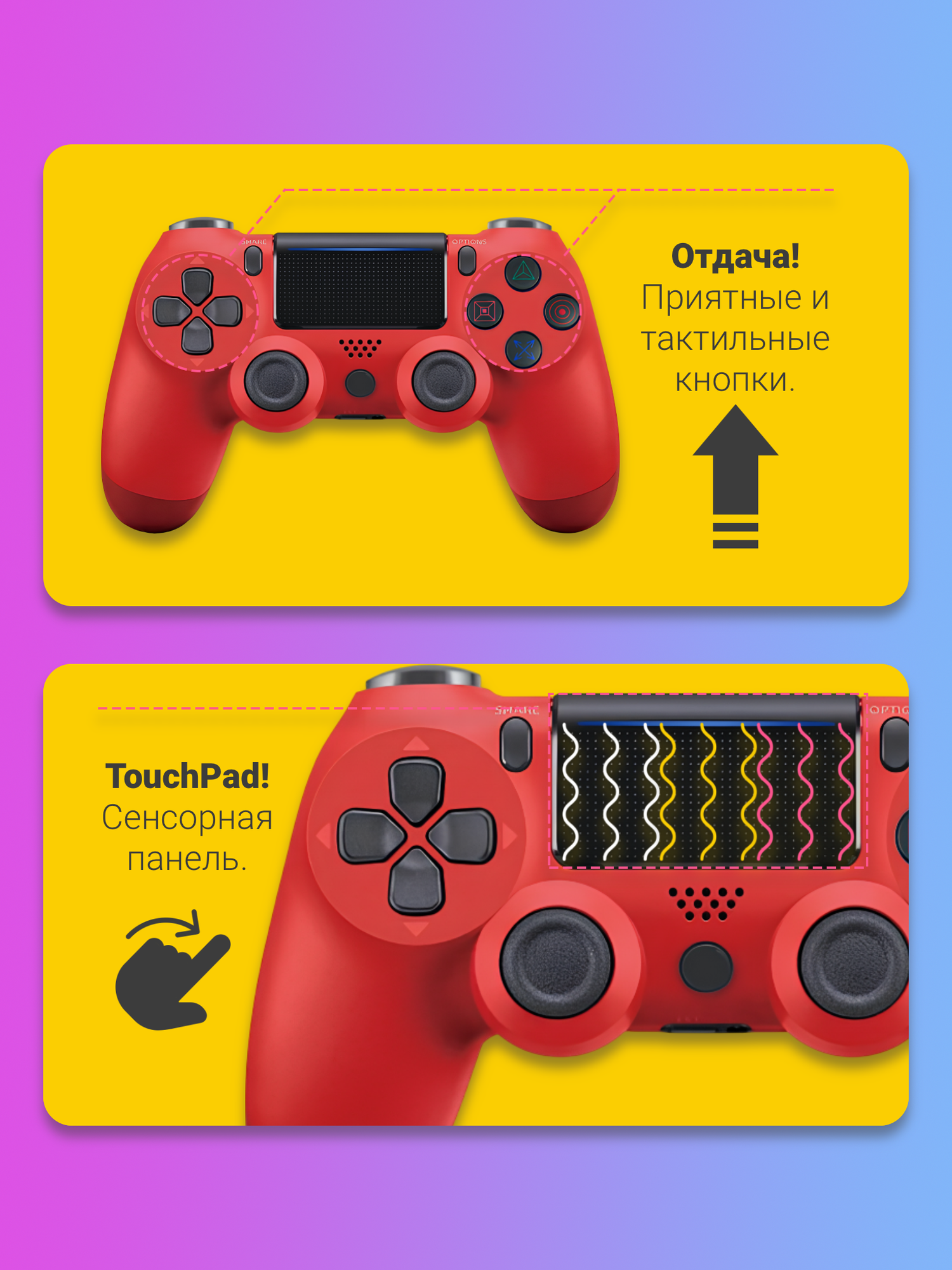 Геймпад PS4, беспроводной джойстик для ПК/PC, Android, iOS, iPhone, подключение по bluetooth или проводу, красный — фото 1