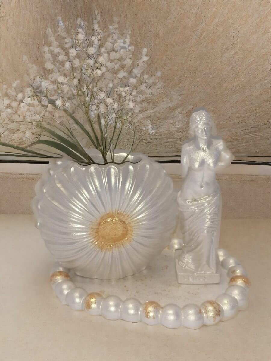 Декоративный набор из гипса перламутровый, 3 предмета, ваза, поднос, статуэтка, сувенир