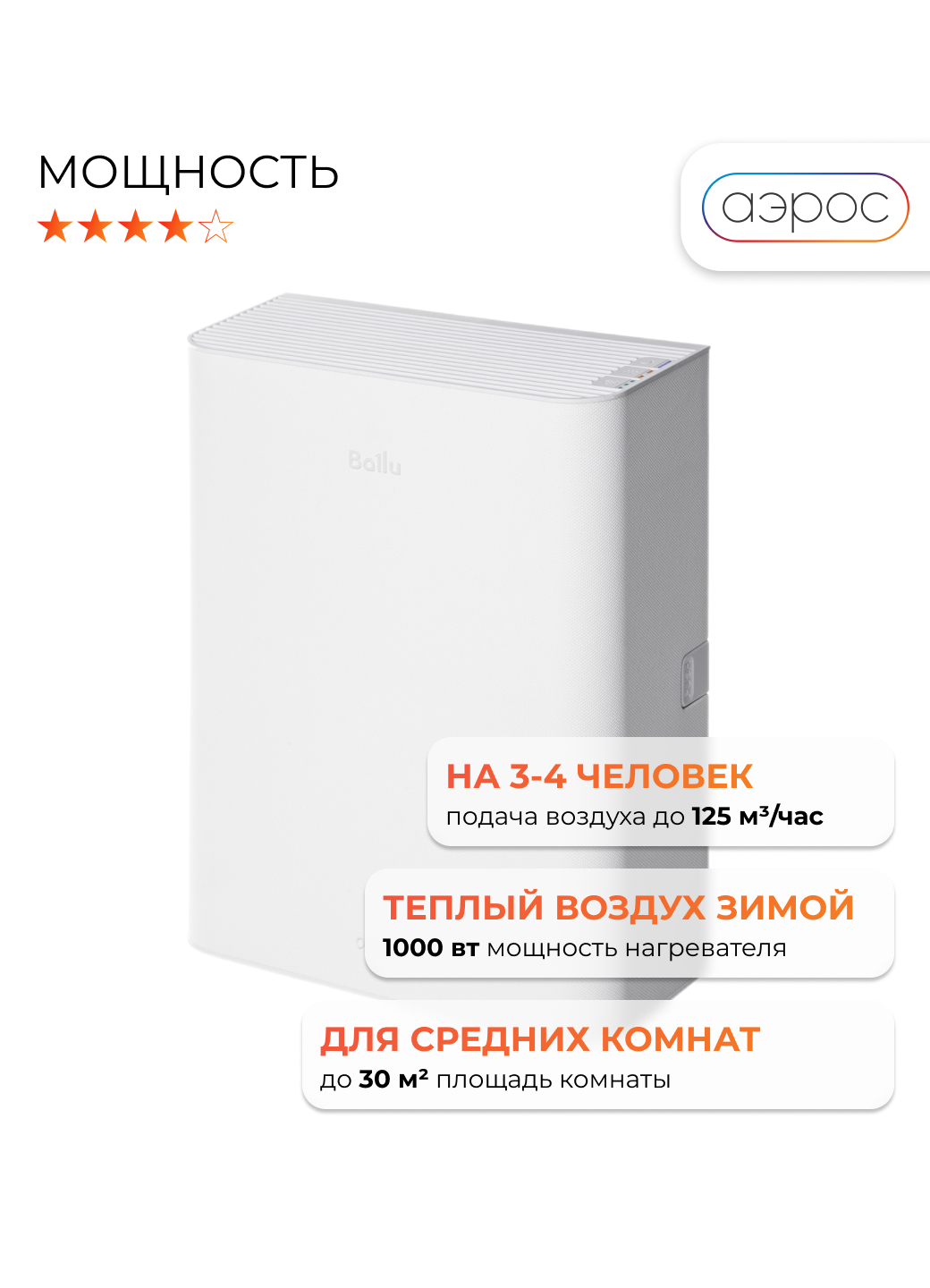 Бризер очиститель воздуха приточный Ballu OneAir ASP-100WH белый c нагревательным элементом + фильтр F5 в подарок — фото 1