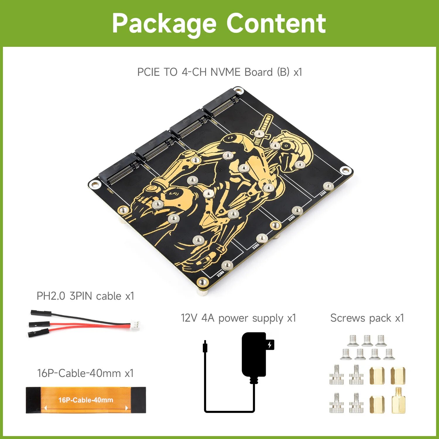 Плата адаптера Waveshare PCIe на 4-канальный M.2, Raspberry Pi 5 NVMe поддерживает 4-канальные твердотельные накопители NVMe, разработанные для Raspberry Pi 5, EU Version