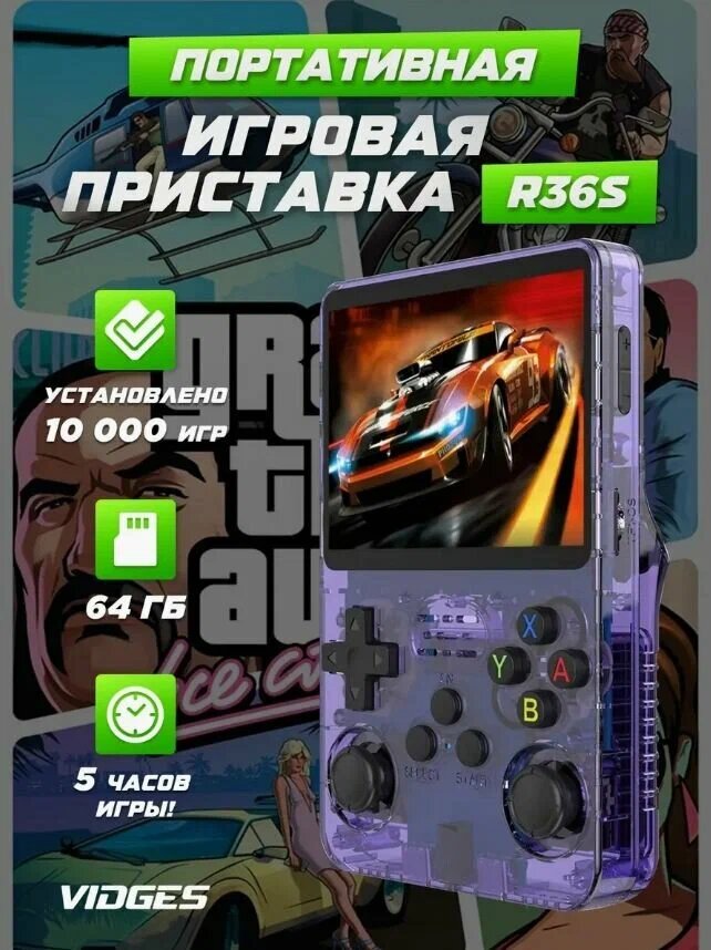 Портативная игровая консоль R36S, ретро приставка, 15000 игр, PS, Nintendo, SEGA, фиолетовый
