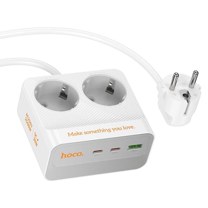 Сетевой фильтр hoco, 2 гнезда и 2 порта USB-C, мощность 2500Вт, белый — фото 1