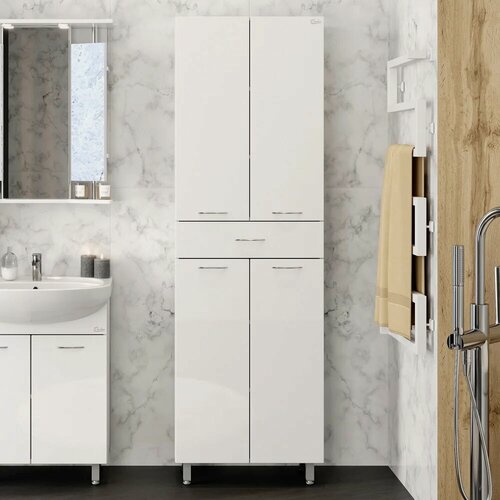 Изображение товара Шкаф-пенал для ванной Onika Модерн 60.10 напольный, 60 см, белый, глянцевый, с ящиком, с дверками, из МДФ, фурнитура хром