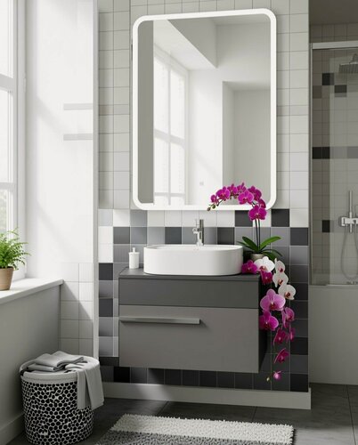 Изображение товара Мебель для ванной Вудлайн 65, темно-серый/серый, раковина Нова, зеркало Руан 60х80