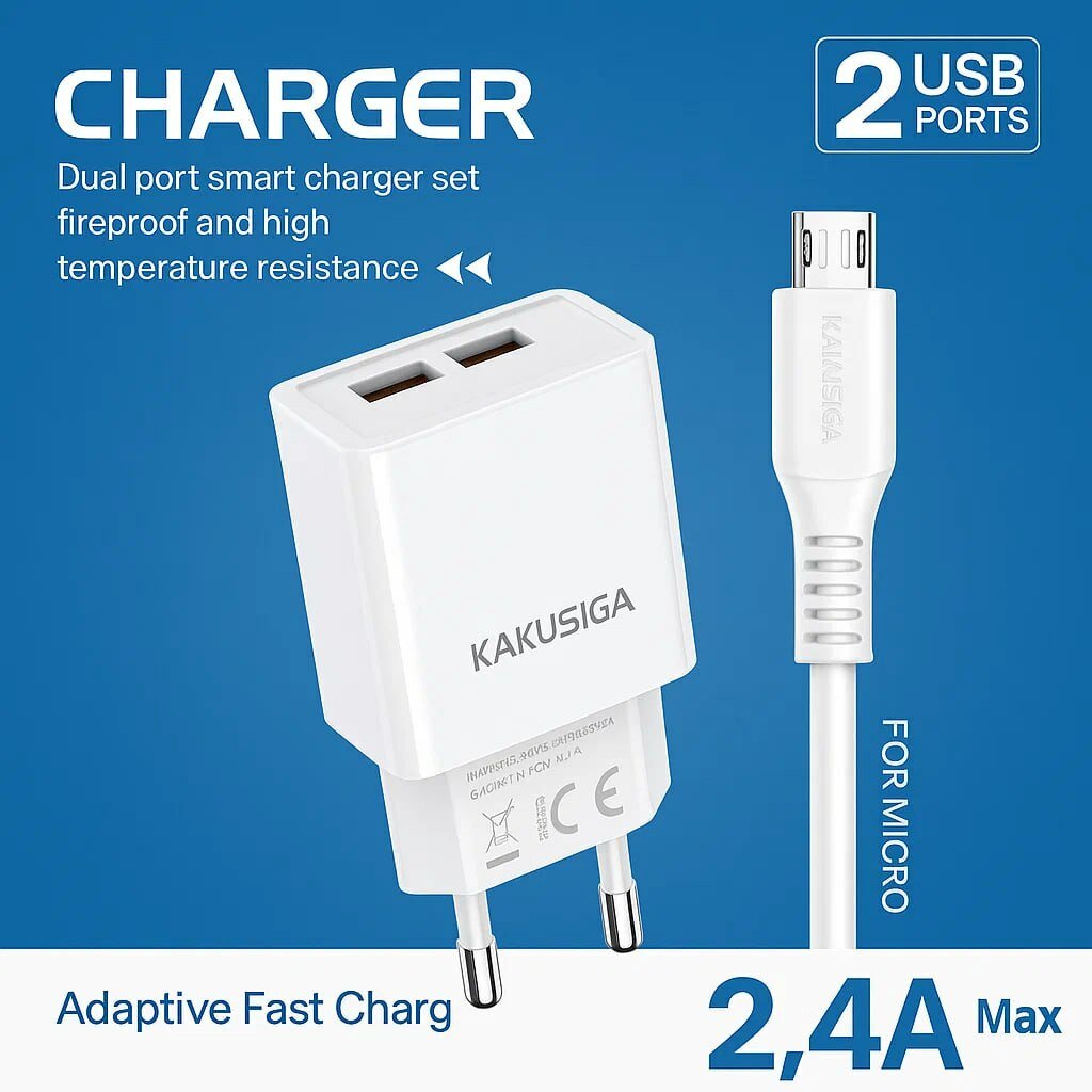 Зарядное устройство Kakusiga, Dual USB, 2.4 A, с кабелем Micro-USB, 1 м — фото 1