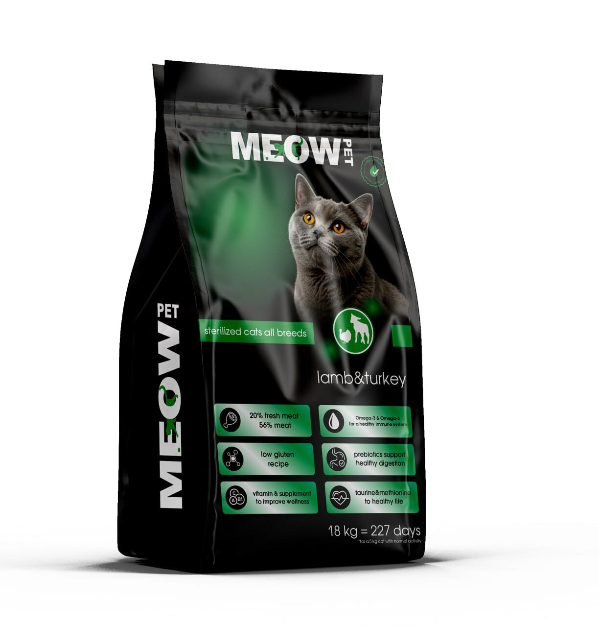 Корм Meow Pet, для стерилизованных кошек, со вкусом ягненка и индейки, супер премиум, 2 кг