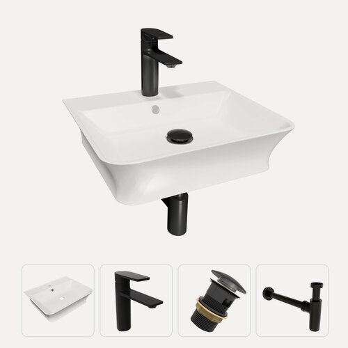Изображение товара Раковина накладная для ванной Teymi Aina 49 в комплекте смеситель черный матовый донный клапан клик-клак с переливом черный и сифон черный F13120