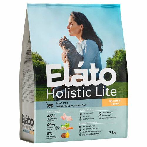 Корм Elato Holistic Lite для кастрированных и стерилизованных кошек, с курицей и индейкой, 7 кг
