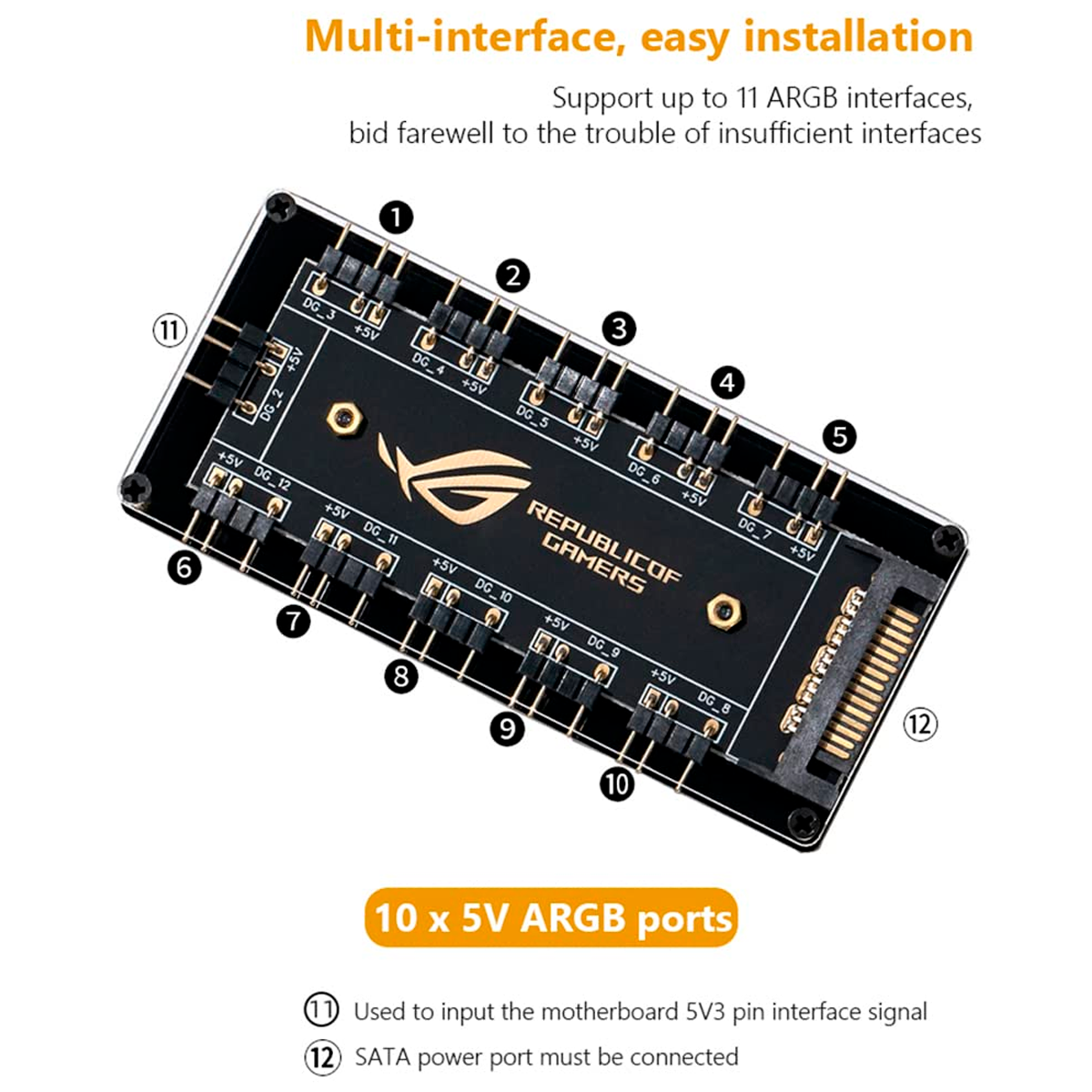 Computer luminous synchronous fan ten-in-one concentrator HUB ARGB lighting hub with SATA power supply with shell One minute ten with shell 5vargb hub three-pin rgb hub — фото 1