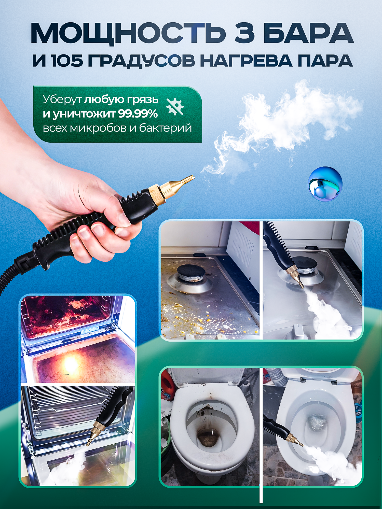 Пароочиститель SoHo, 6 насадок, 3 бар, 2500Вт, 1.0 л, белый, ручной — фото 1