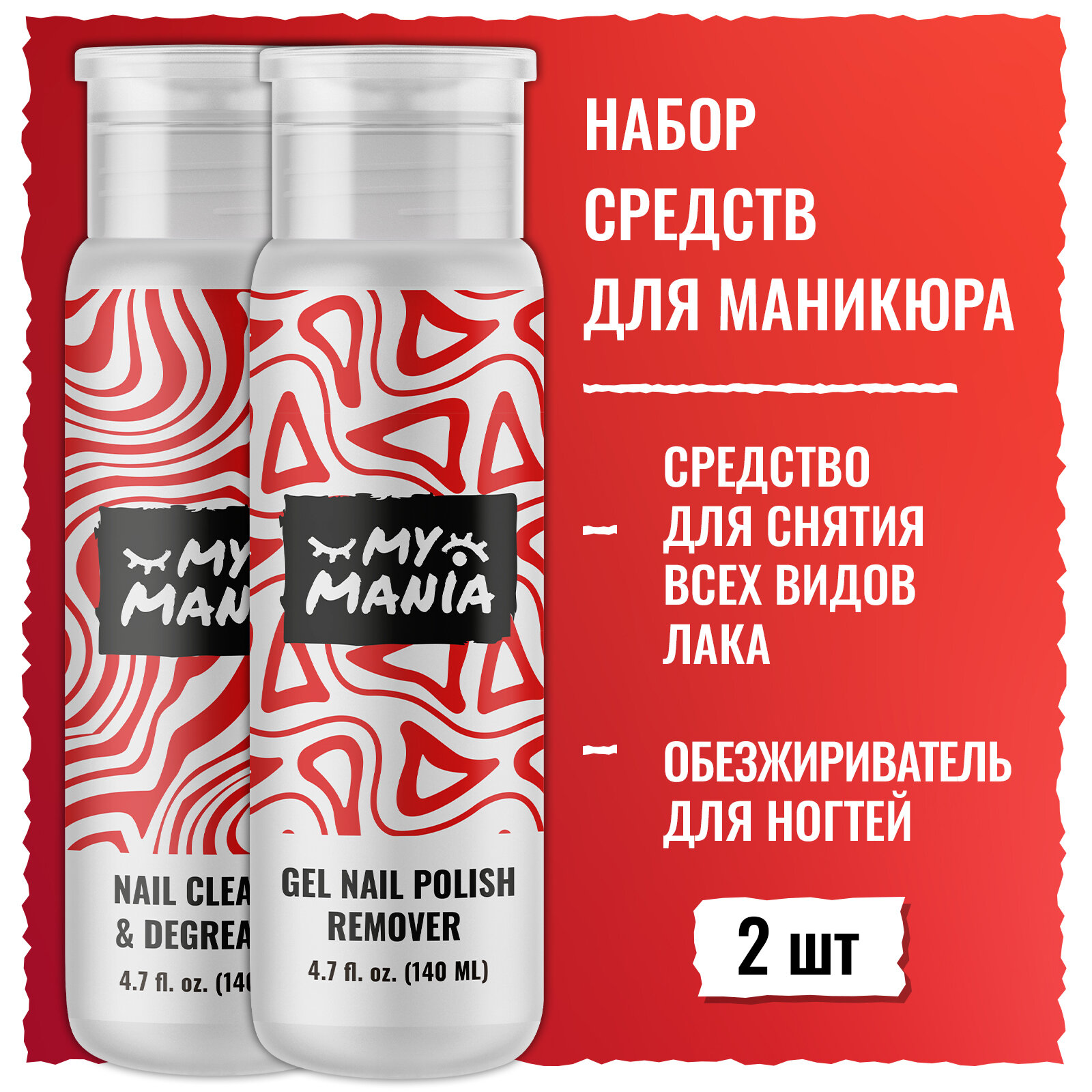 Набор для маникюра: обезжириватель для ногтей и жидкость для снятия гель-лака с помпой