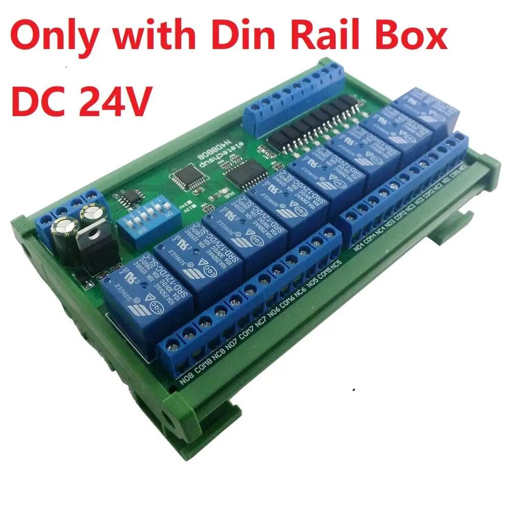 N4D8B08 DC 12 В 24 В 8 изолированных входов и 8 выходов DIN35 C45 Rail Box UART RS485 Релейный модуль Modbus RTU Плата переключателя управления, 24V with Rail Box