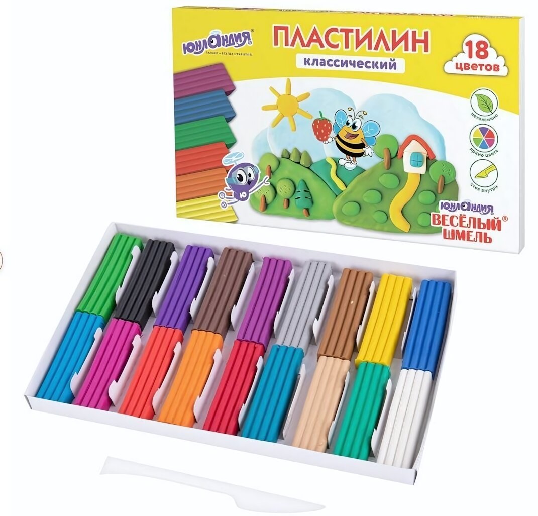 Пластилин классический 18 цветов 360г с удобным стеком, яркая палитра для творчества