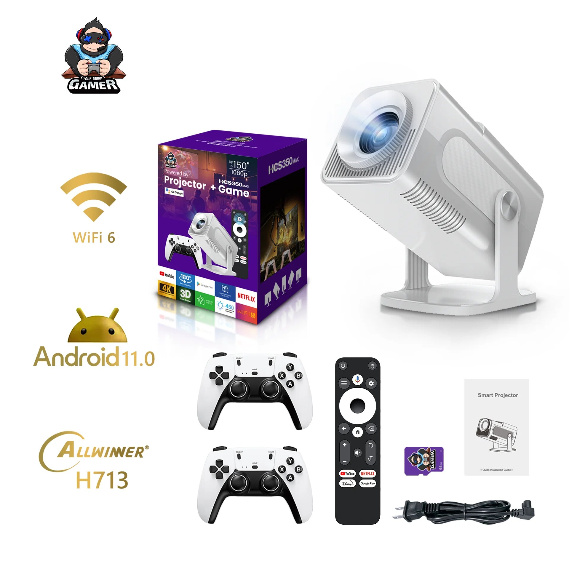 Портативная HD-видео игровая консоль HCS350 MAX 10000 Android 11, ЖК-проектор, видео, Wi-Fi, беспроводной геймпад, 3D домашний кинотеатр, HCS350 max, US