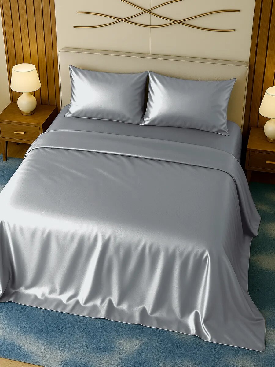 Постельное Белье Xiaomi Комплект постельного белья KYZO "Шелковая гладкость", 2 спальное, серебристый, искусственный шелк