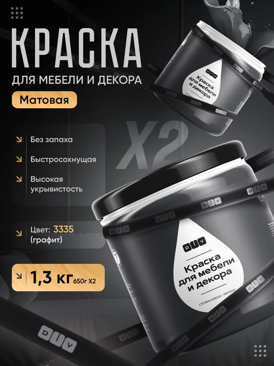 Краска для мебели без запаха быстросохнущая, матовая, графит, 1.3кг