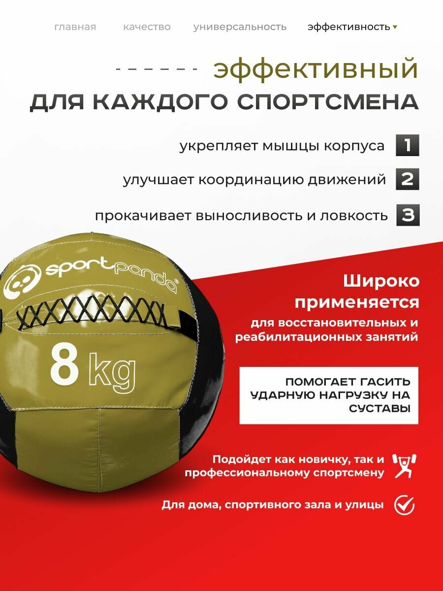 Медбол SportPanda, ПВХ, диаметр 38 см, 8 кг, армированные швы — фото 1