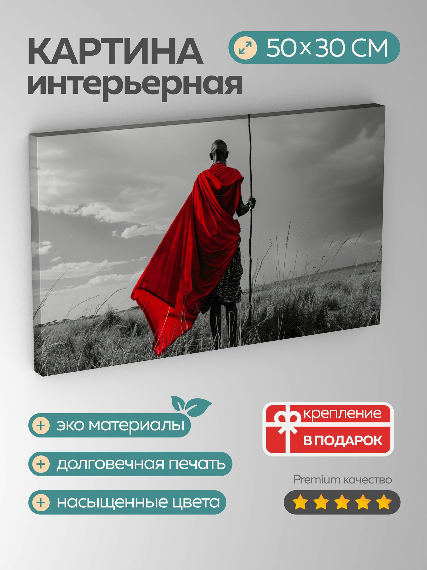 Картина на холсте интерьерная 50х30 см, фотография, воин, племя масаи, черно-белая, высокий, гордый, красная мантия