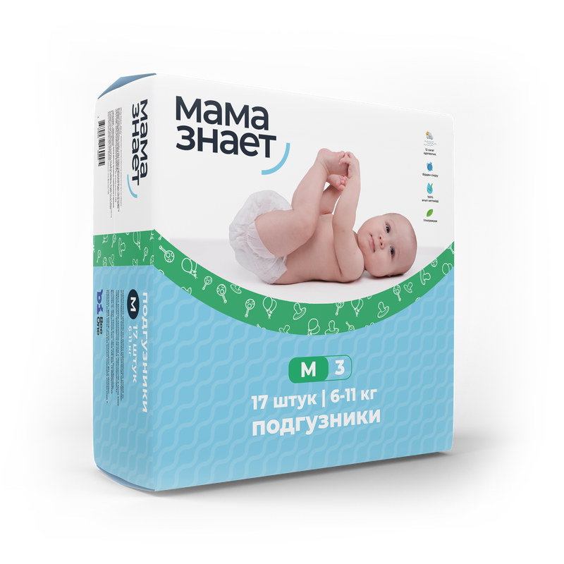 Подгузники "Мама Знает" M 17 штук. Для детей от 6 кг до 11 кг.