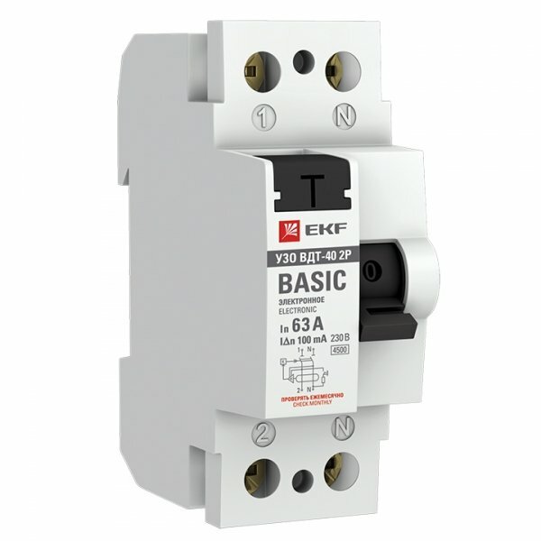 EKF Basic ВДT-40 УЗО 2P 63А/100мА (AC) электронное, elcb-2-63-100e-sim