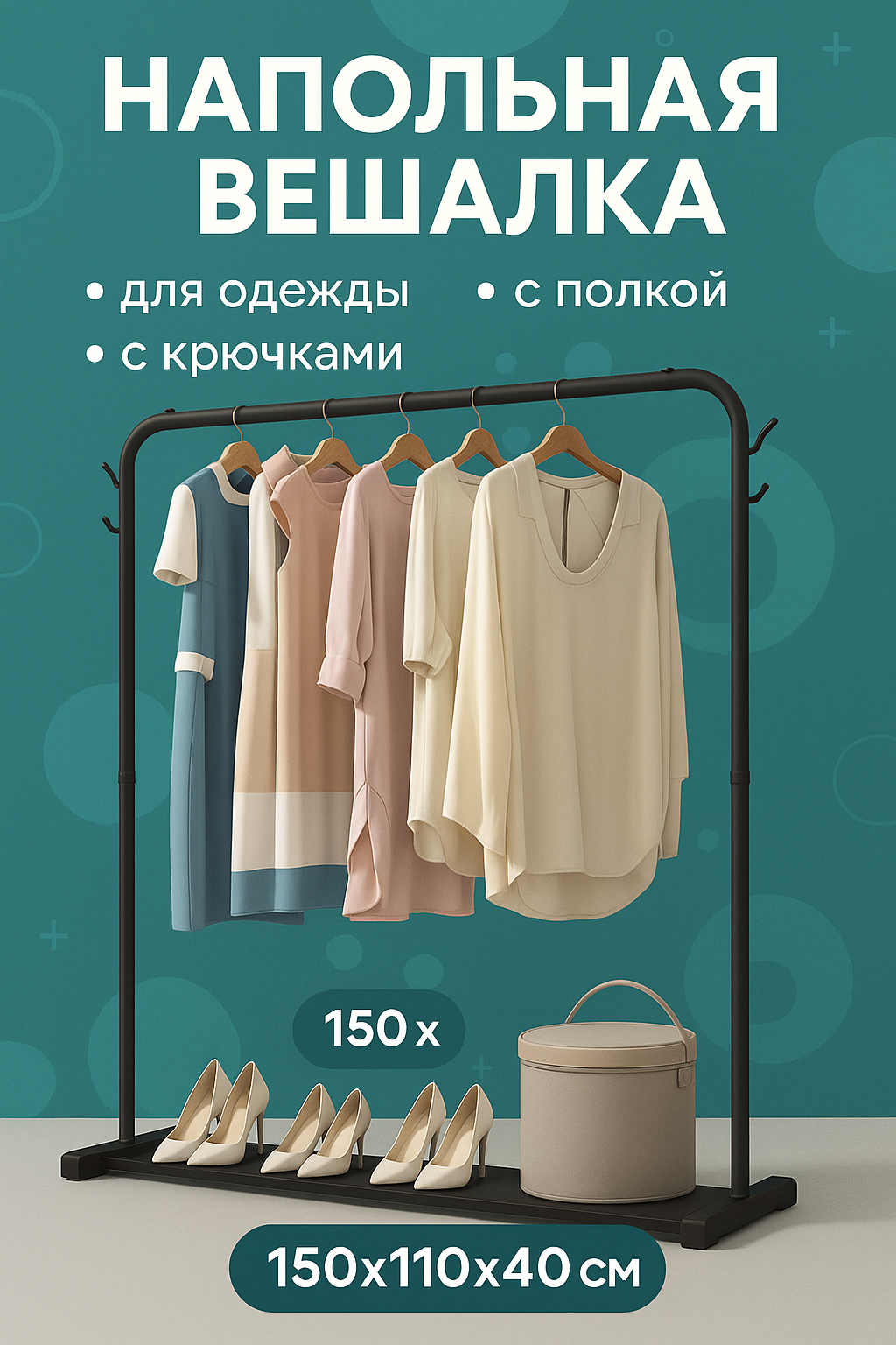 Вешалка напольная, для одежды и обуви, металлическая, цветная, с полками, на колесиках. — фото 1