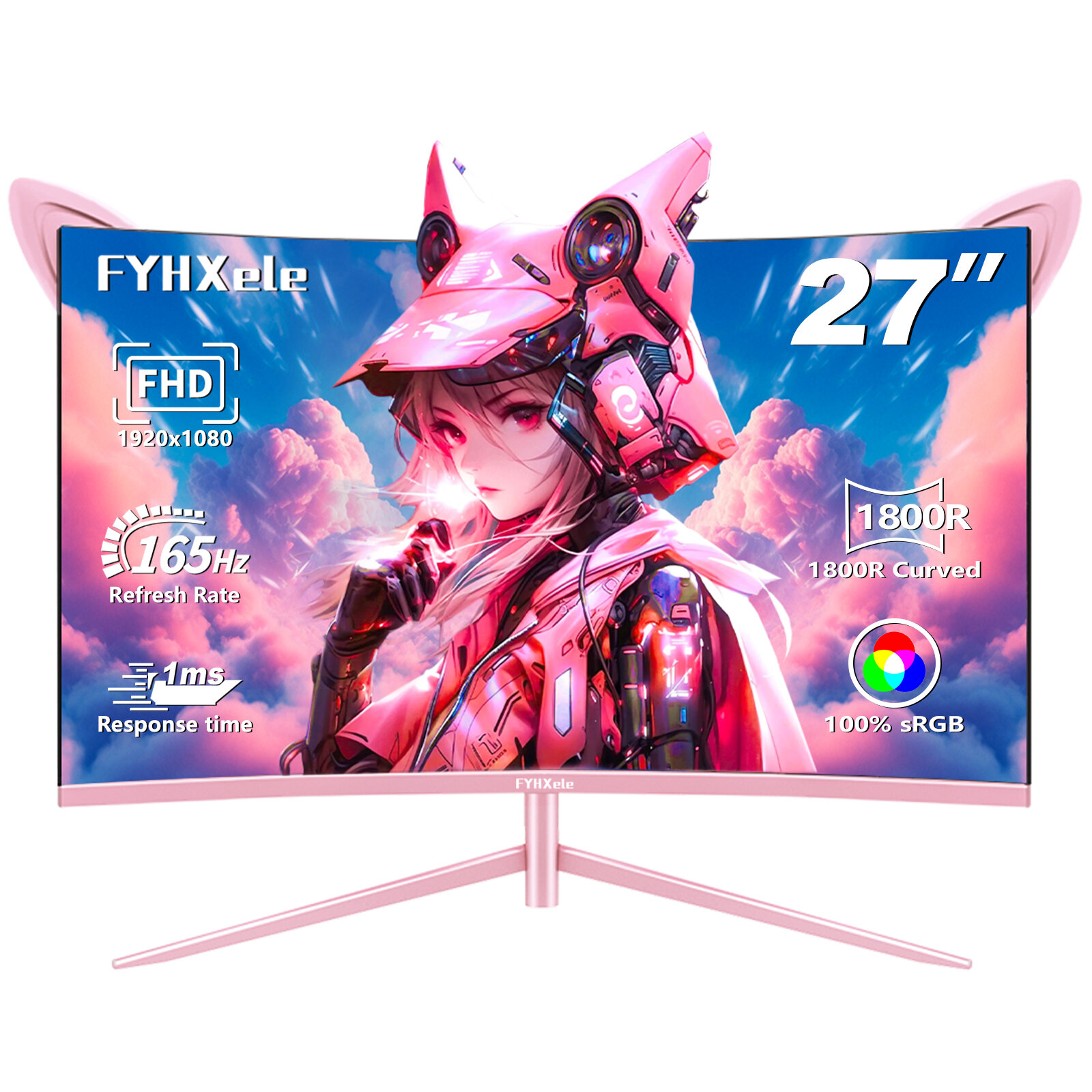 Компьютерный монитор 27 дюймов FHD 165Hz 1800R розовый игровой монитор 1ms Реакция HDMI / DP с кошачьими ушками