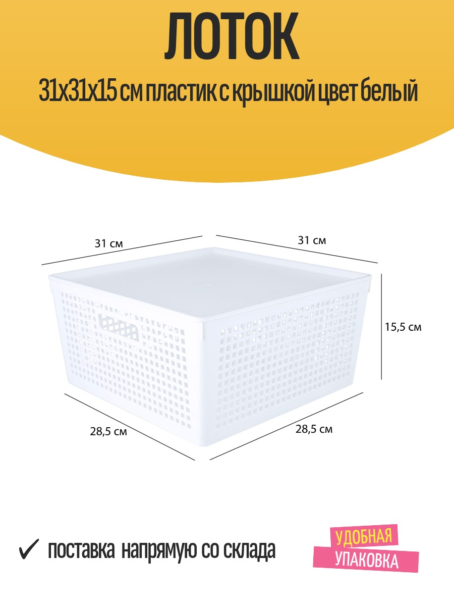 Лоток 31x31x15 см пластик с крышкой цвет белый