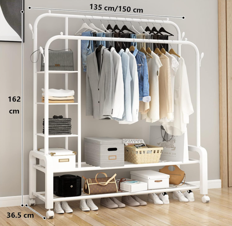 Вешалка напольная для одежды в прихожую металлическая, с обувницей, на колесиках,